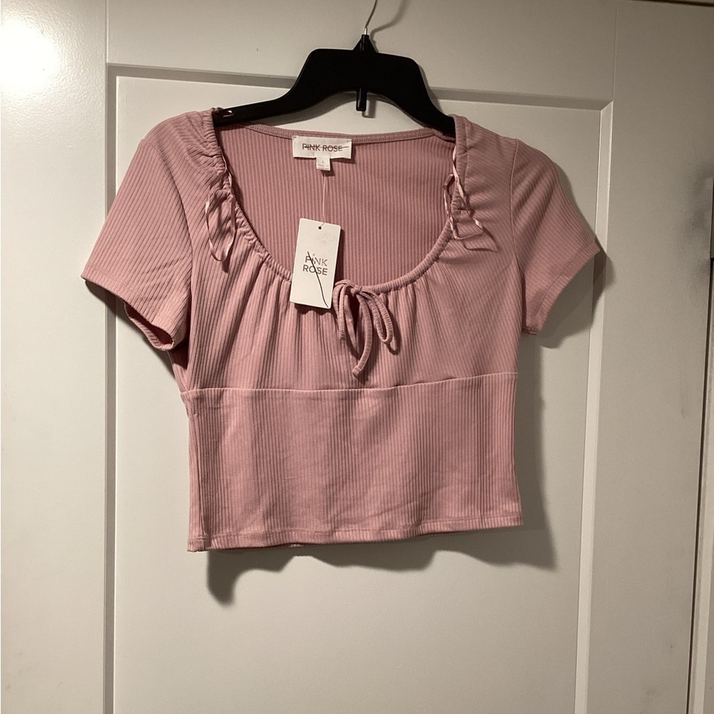 NWT Pink Rose Solid Ribbed Tie Front Crop Top Size L